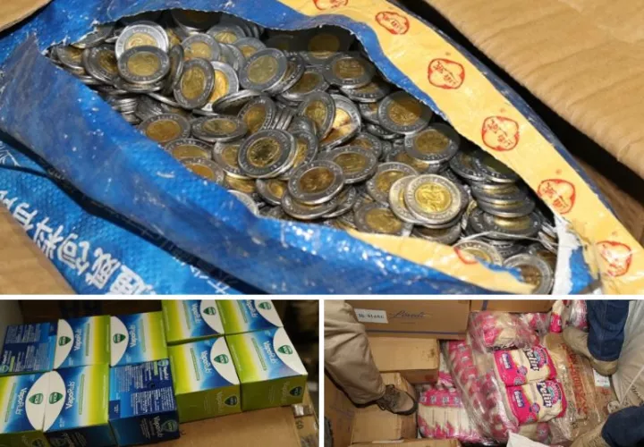 Las autoridades han decomisado monedas falsas, arroz y cajas de Vicks. 