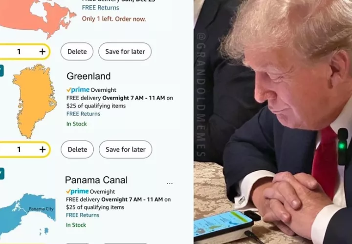  Donald Trump, junto a una imagen con varios mapas alusiva a la devolución de una compra en internet. Foto: .EFE/ @EricTrump 