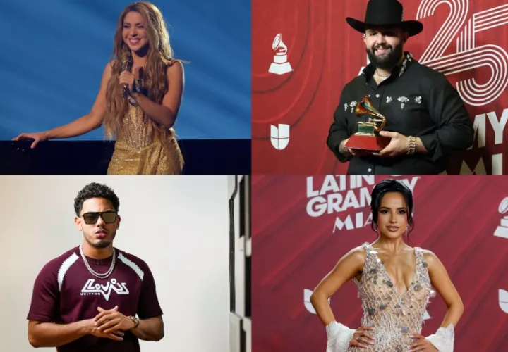 Shakira (i-arriba), Carín León (d-arriba), Myke Towers (i-abajo), y Becky G. Foto: EFE/ Julio Muñoz / Octavio Guzmán / Borja Sánchez Trillo / Eva Marie Uzcátegui