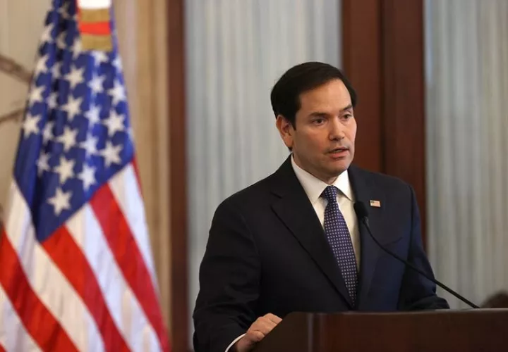 El secretario de Estado de EE.UU., Marco Rubio, habla durante una rueda de prensa este jueves, en Santo Domingo. EFE