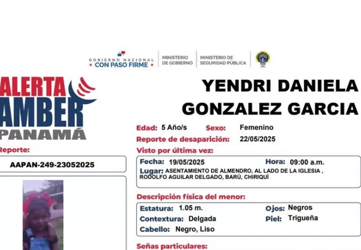 Yendri Daniela González García, de 5 años, mide 1.05 metros, es de contextura delgada, y también posee ojos y cabello negro. Foto. PGN