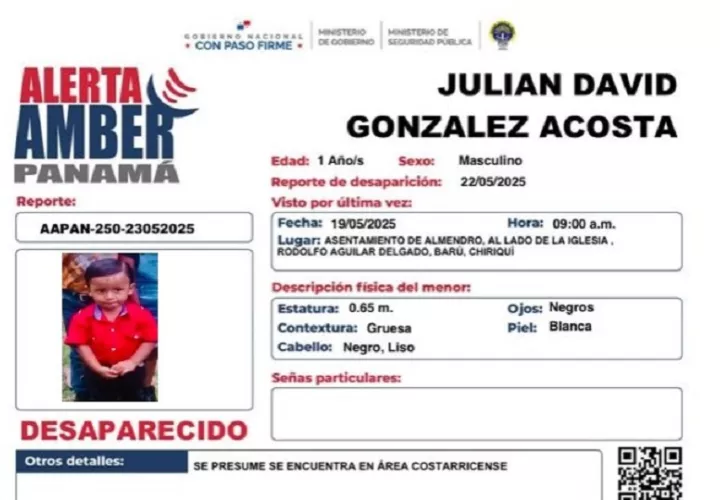 Julián David González Acosta, de apenas 1 año,  mide aproximadamente 0.65 metros, tiene piel blanca, ojos y cabello negro. Foto. PGN