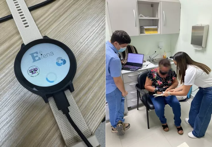  A la izquierda, dispositivo desarrollado por el equipo de investigación. A la derecha, participante del estudio prueba uno de los prototipos creado por los ingenieros. Foto: UTP