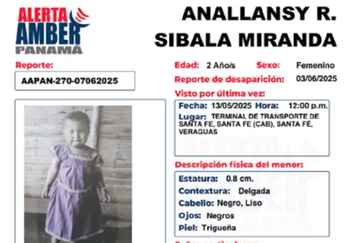 Anallansy Rosilda Silbala Miranda tiene 2 años, contextura delgada, cabello negro liso y ojos negros. Foto. PGN