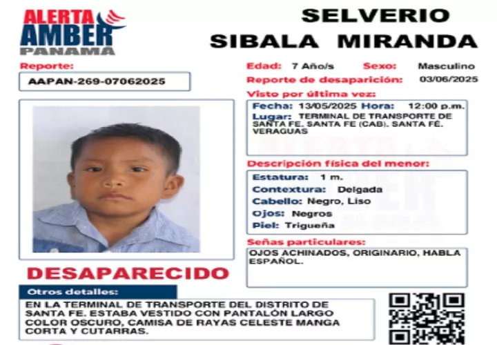 Selverio Silbala Miranda tiene 7 años, y se reporta que es de piel trigueña, cabello liso y es originario de la región. Foto. PGN