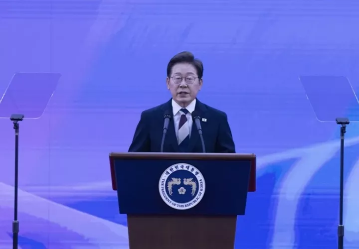 El nuevo presidente de Corea del Sur, Lee Jae-myung, en su discurso de aceptación del cargo. Foto: EFE