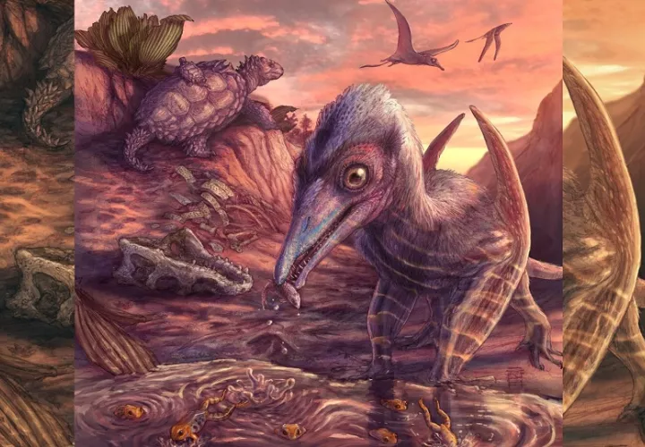 Una reconstrucción artística del paisaje fosilizado, las plantas y los animales encontrados en un yacimiento del Parque Nacional del Bosque Petrificado, en Arizona.  Ilustración: Brian Engh