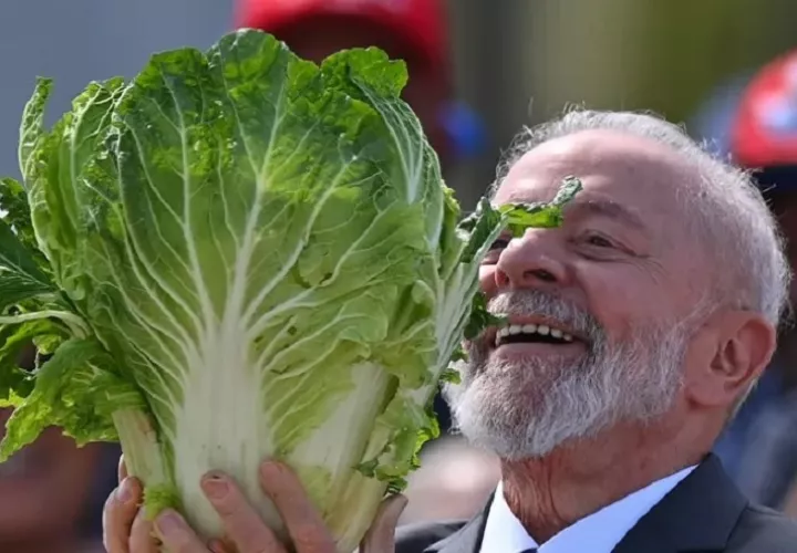 El presidente de Brasil, Luiz Inácio Lula da Silva, sostiene una bietola mientras visita una feria de verduras en una foto de archivo. EFE/ André Borges