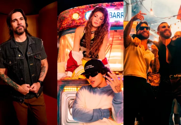 Juanes (i), Shakira y Beéle (c), y Maluma junto a Manuel Turizo. Foto: EFE / Universal Music / Sony Music