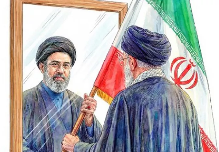 Imagen difundida en la cuenta en X @Khamenei_m del fallecido ayatolá, Ali Jameneí, donde se ve a Jameneí (d) entregando una bandera de Irán a su hijo Mojtaba Jameneí. EFE/ @Khamenei_m