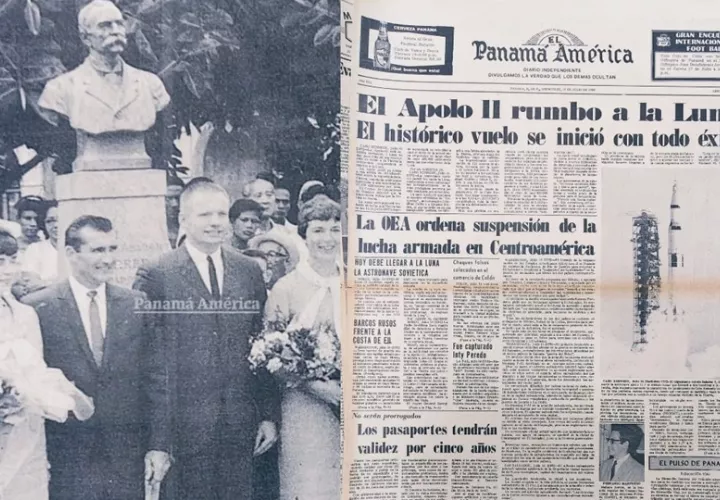 Armstrong en Panamá en octubre de 1966 junto a la portada de PA del despegue hacia la Luna en 1969. Foto: Grupo Epasa