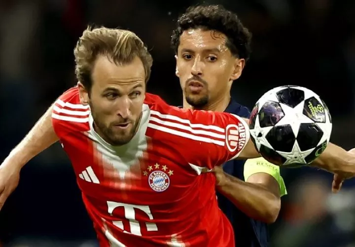 Marquinhos, del PSG, y Harry Kane, del Bayern, en el juego de ida. Foto: EFE