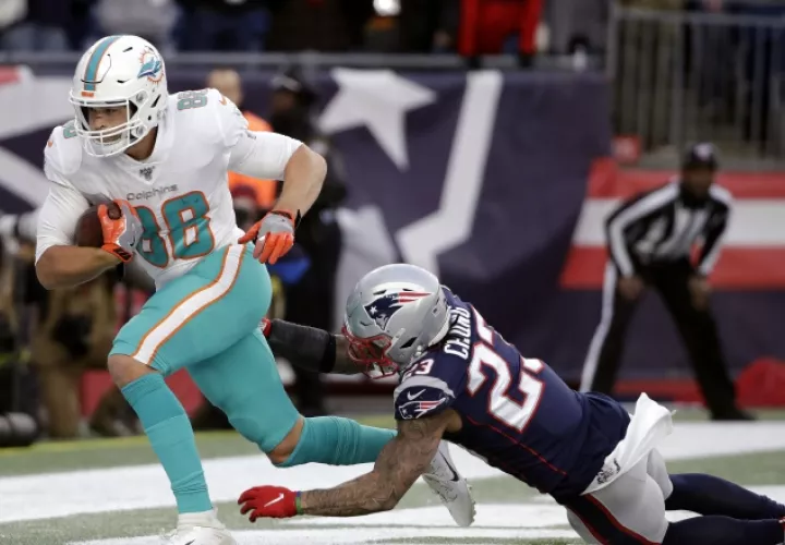 Mike Gesicki anotó en el triunfo de Miami. Foto AP