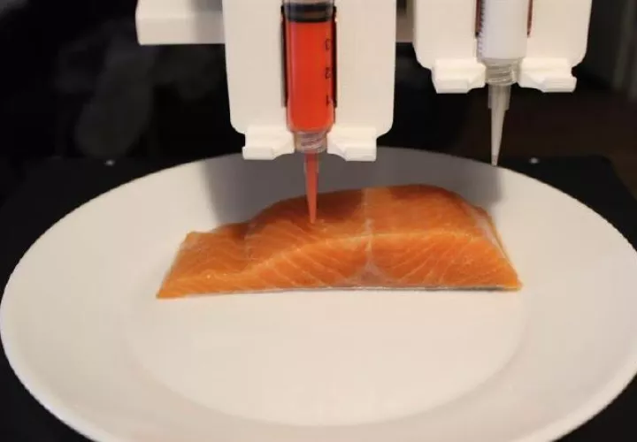 Vista de la producción de "salmón" vegano con impresoras 3D, idea de la "start-up" austríaca Legendary Vish.