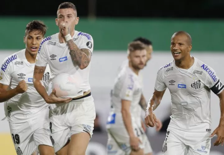 Jugadores del Santos festejan durante un partido de Copa Libertadores. Foto:EFE