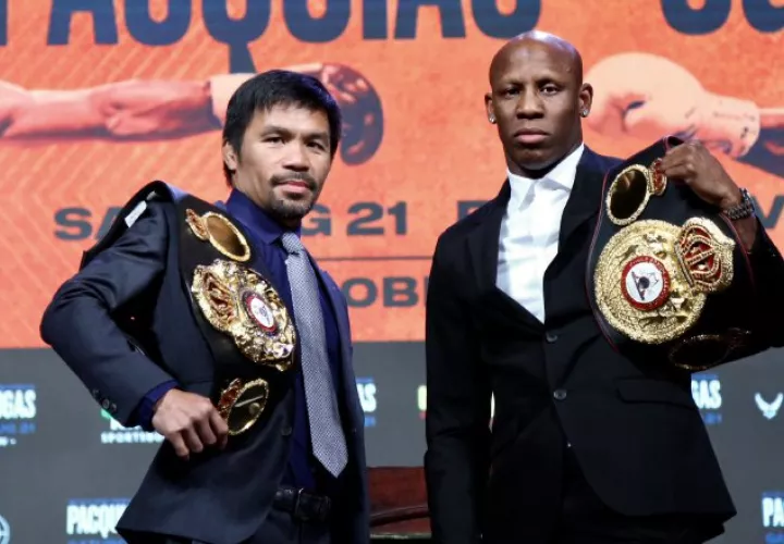 El filipino Manny Pacquiao y el cubano Yordenis Ugás. Foto:@mannypacquiao 