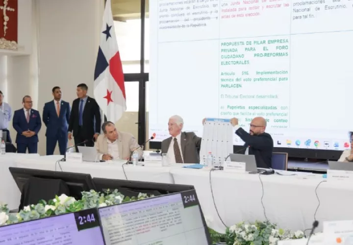 El magistrado Arellano y el director de Organización Electoral muestran el modelo de lo que será la papeleta para el Parlacen.  Cortesía