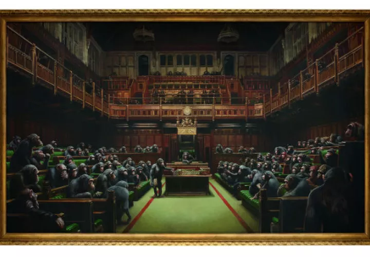 Se espera que “Devolved Parliament” alcance un récord en subasta para una obra de Banksy el 3 de octubre. Foto/ vÍa Sotheby’s.