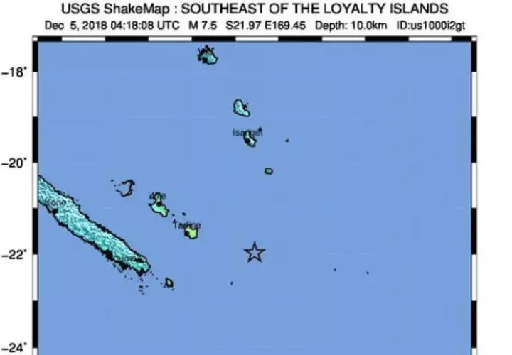 Imagen cedida por el Servicio Geológico de los Estados Unidos (USGS), de un USGS Shake Map que muestra la ubicación del terremoto de magnitud 7.5 que azotó la costa este de Nueva Caledonia. EFE