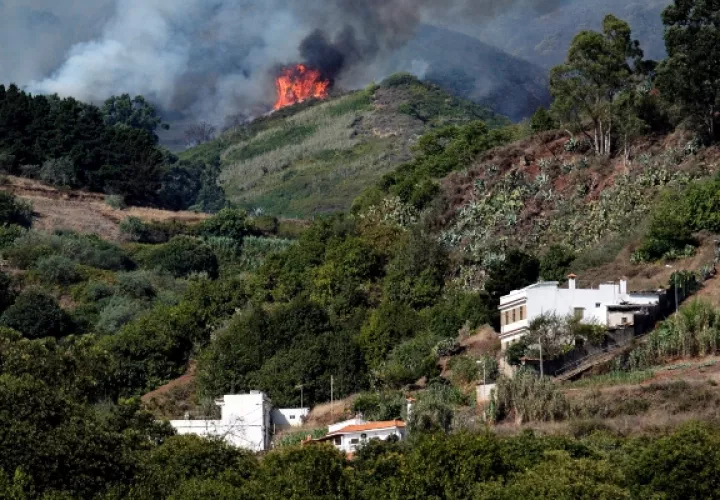 Vista del incendio forestal en la isla española de Gran Canaria y que ha obligado a evacuar de sus viviendas a 2.000 habitantes de seis poblaciones afectadas y podría haber quemado ya unas mil hectáreas. FOTO/EFE