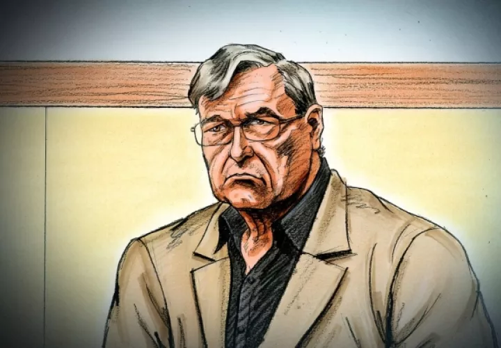 Ilustración artística realizada por Paul Tyquin del cadenal australiano George Pell, en el Tribunal del estado de Victoria en Melbourne (Australia). FOTO/EFE