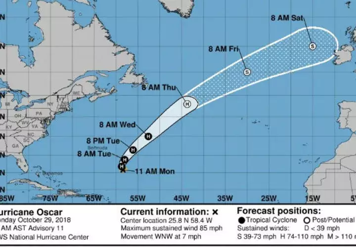 Imagen cedida por el Centro Nacional de Huracanes (NHC) de EE.UU. que muestra el pronóstico de cinco días del huracán de categoría 1 Óscar.