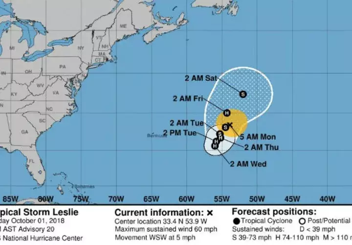  La imagen muestra el pronóstico de cinco días de la tormenta tropical Leslie. EFE