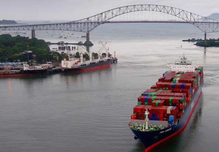 Un barco de contenedores y al fondo el Puente de Las Américas.  Es una de las 400 fotos que aparece en tan especial publicación. Cortesía ACP. 